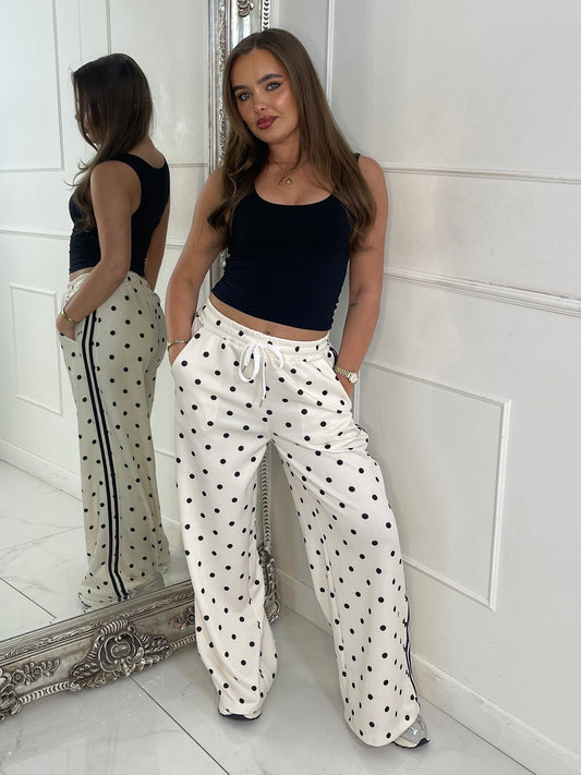 Polka Dot Side Stripe Detail Wide Leg Pants - Cream/Black