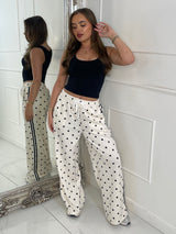 Polka Dot Side Stripe Detail Wide Leg Pants - Cream/Black