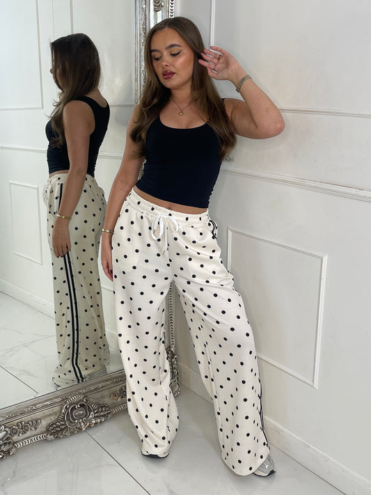 Polka Dot Side Stripe Detail Wide Leg Pants - Cream/Black