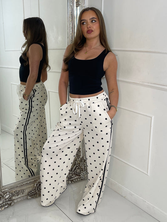 Polka Dot Side Stripe Detail Wide Leg Pants - Cream/Black