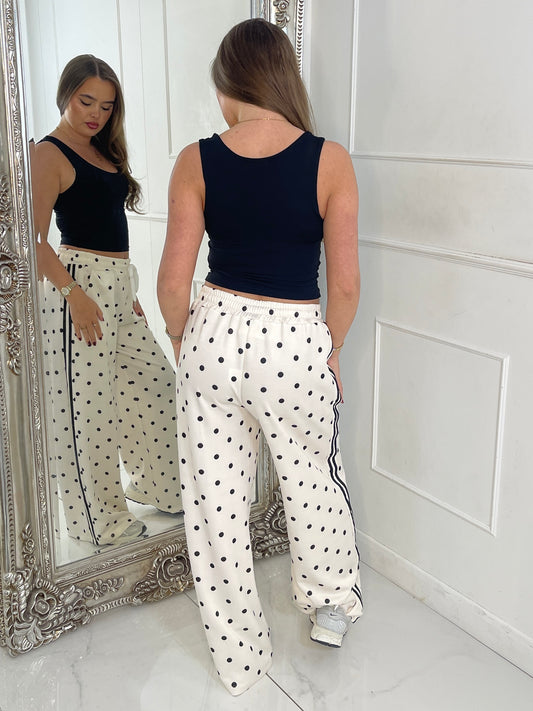 Polka Dot Side Stripe Detail Wide Leg Pants - Cream/Black