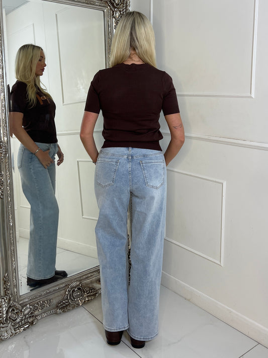 H Gold Buckle Detail Short Sleeve Top - Brown