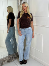 H Gold Buckle Detail Short Sleeve Top - Brown