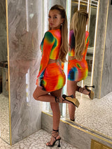 Asymmetric Ruche Detail Skirt Co-Ord - Red/Orange Print