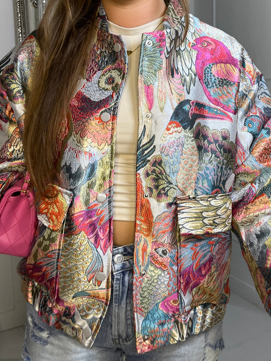 3D Floral Parrot Print Pocket Bomber Jacket - Multicoloured