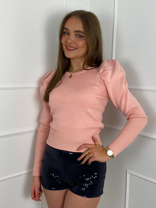 Round Neck Puff Sleeve Jumper- Baby Pink