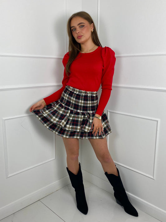 Round Neck Puff Sleeve Jumper- Red