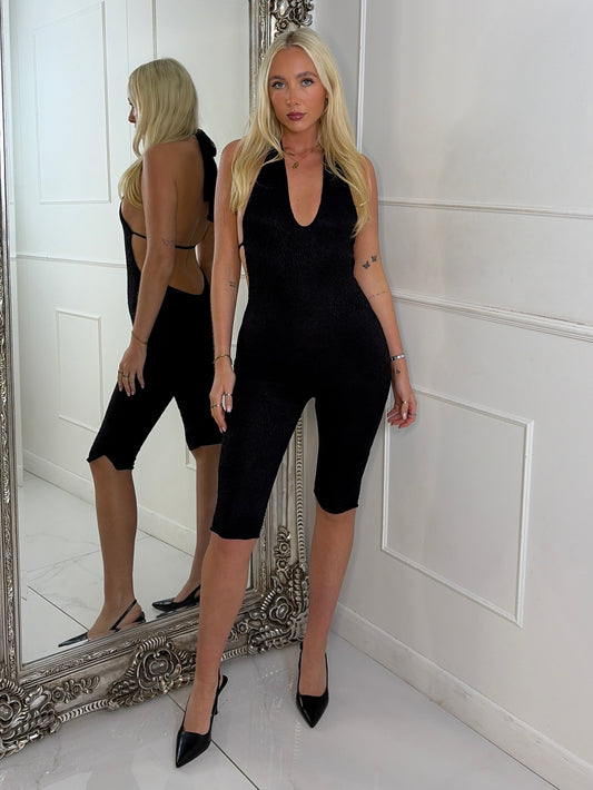 Backless Halter Neck Lace Capri Jumpsuit - Black