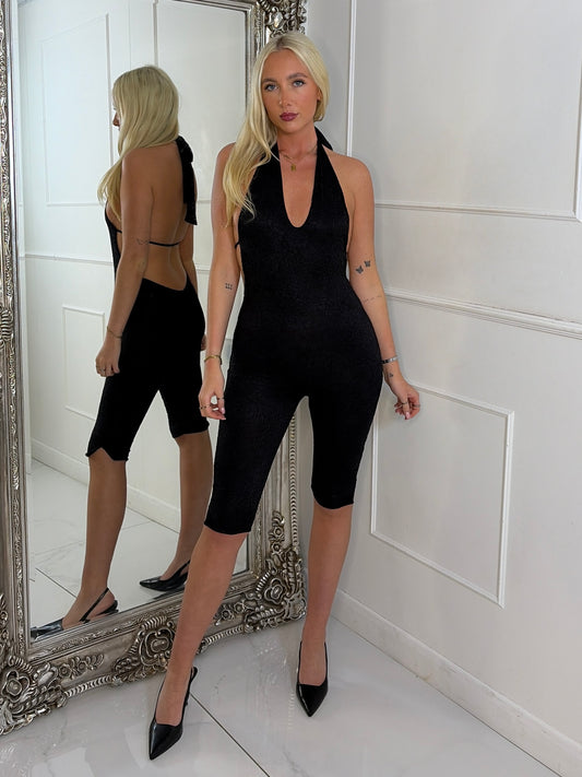 Backless Halter Neck Lace Capri Jumpsuit - Black