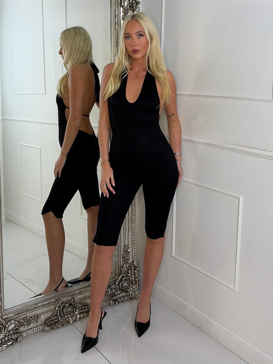 Backless Halter Neck Lace Capri Jumpsuit - Black