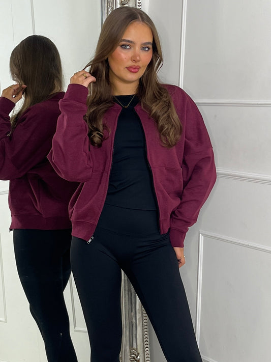 Oversized Seam Detail Zip Up Bomber Jacket - Wine