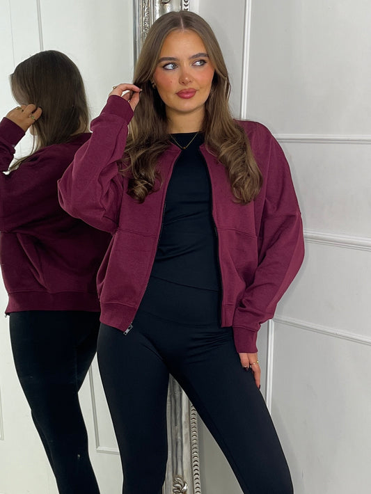 Oversized Seam Detail Zip Up Bomber Jacket - Wine