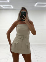 Belted Cargo Style Playsuit - Light Beige