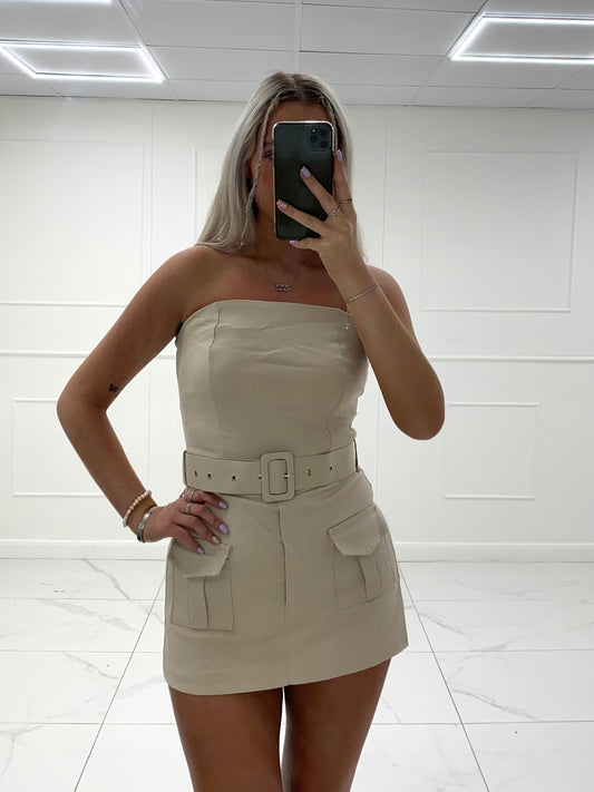 Belted Cargo Style Playsuit - Light Beige