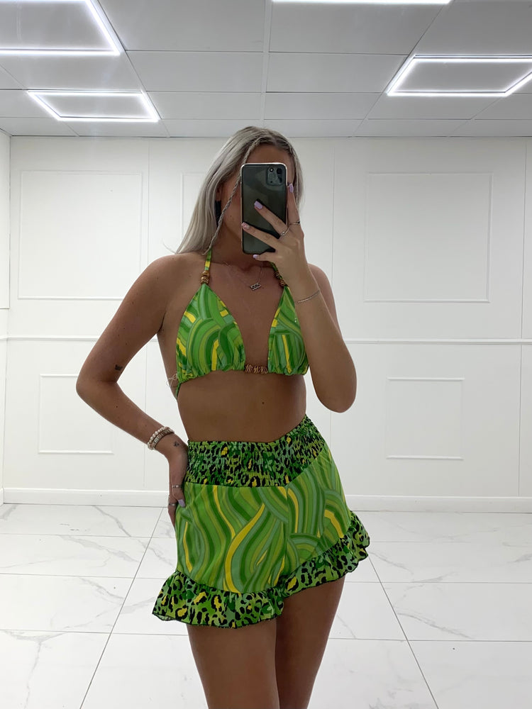 Leopard Print Bra Top & Shorts Co-Ord - Lime