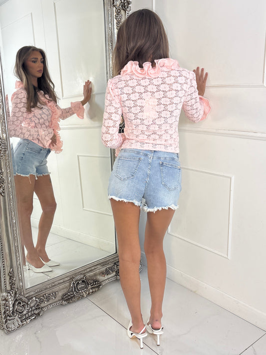 Ruffle Front Lace Long Sleeve Blouse - Baby Pink
