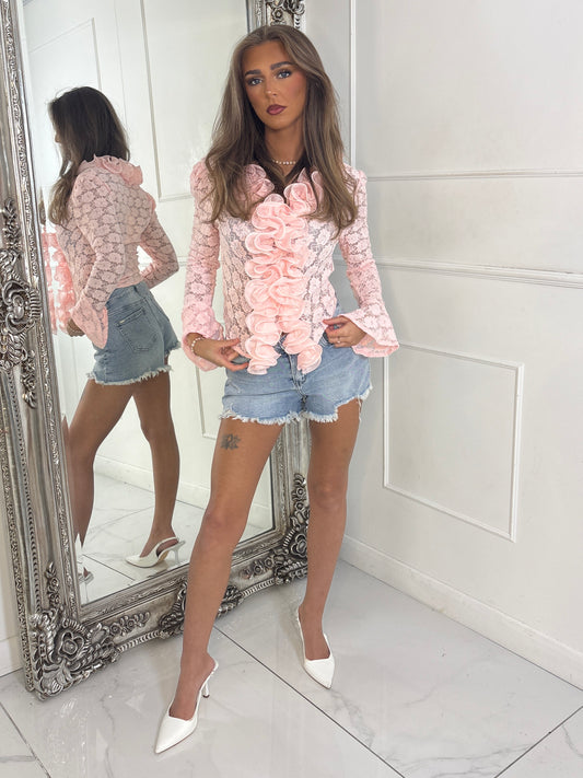 Ruffle Front Lace Long Sleeve Blouse - Baby Pink