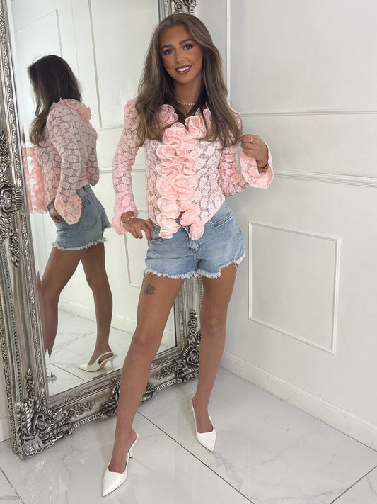 Ruffle Front Lace Long Sleeve Blouse - Baby Pink