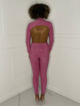 Open Back Glitter Jumpsuit - Pink
