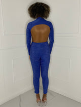 Open Back Glitter Jumpsuit - Royal Blue