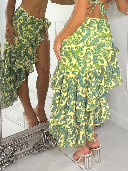 Paisley Print Frill skirt - Yellow/Green