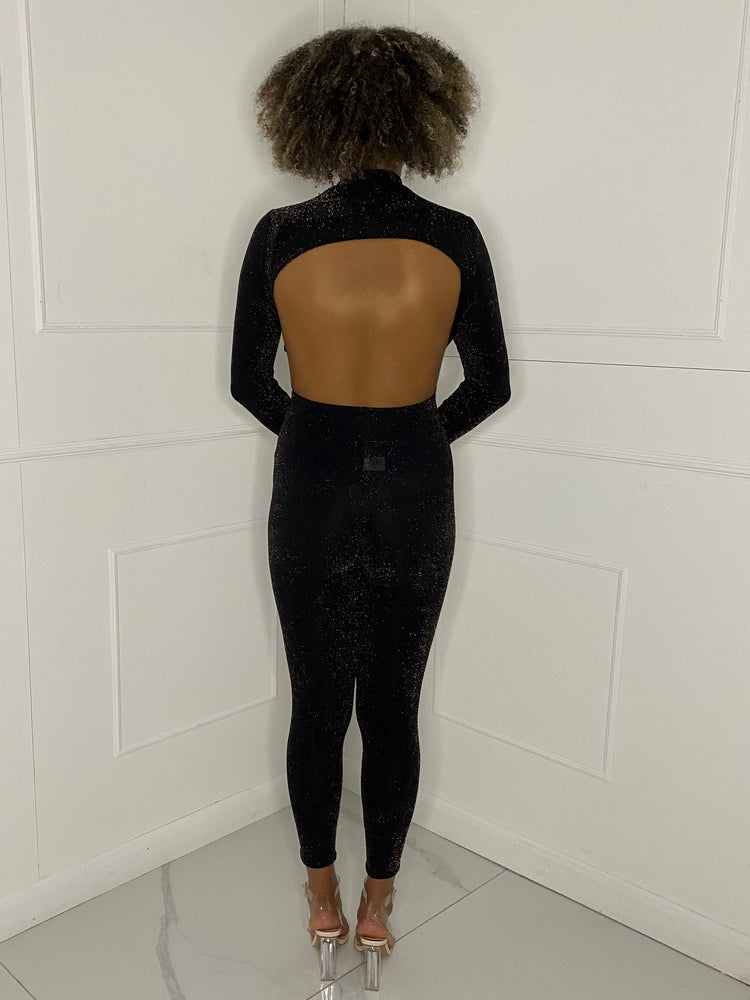 Open Back Glitter Jumpsuit - Black/Gold