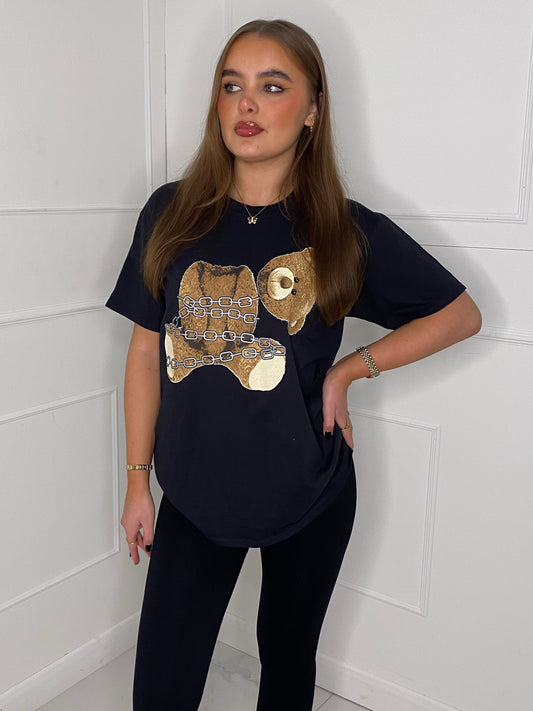 Headless Chain Teddy Print T-Shirt - Black