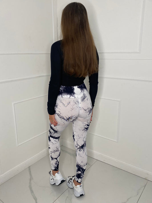 Ruched Bum Gym Leggings - White Tie Dye