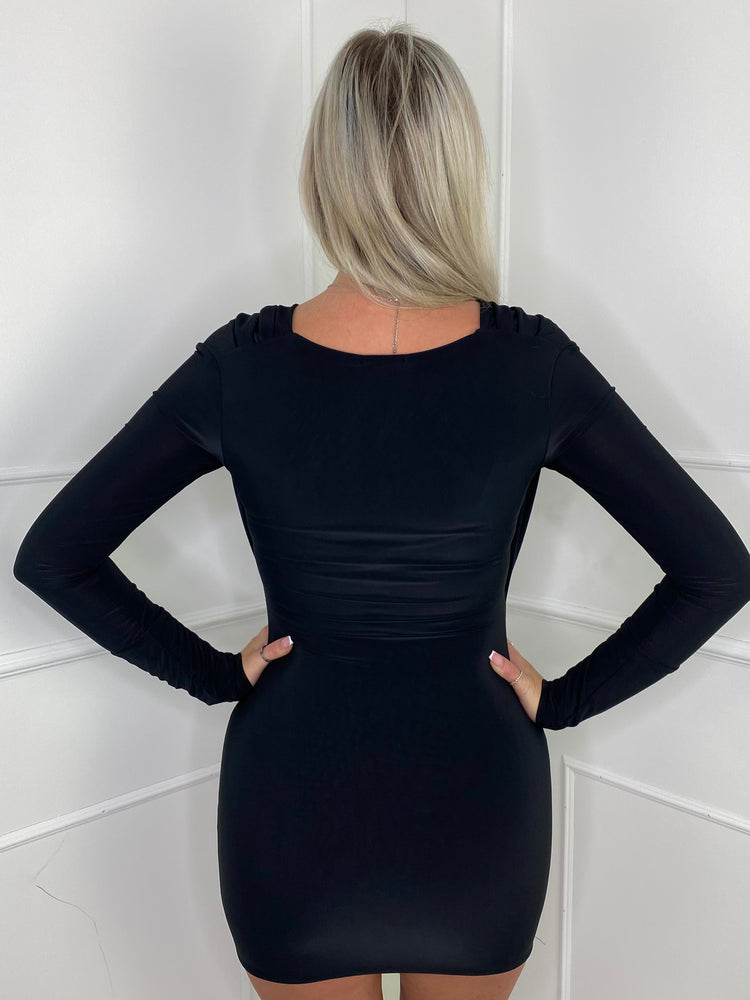 Cowl Neck Long Sleeve Dress - Black