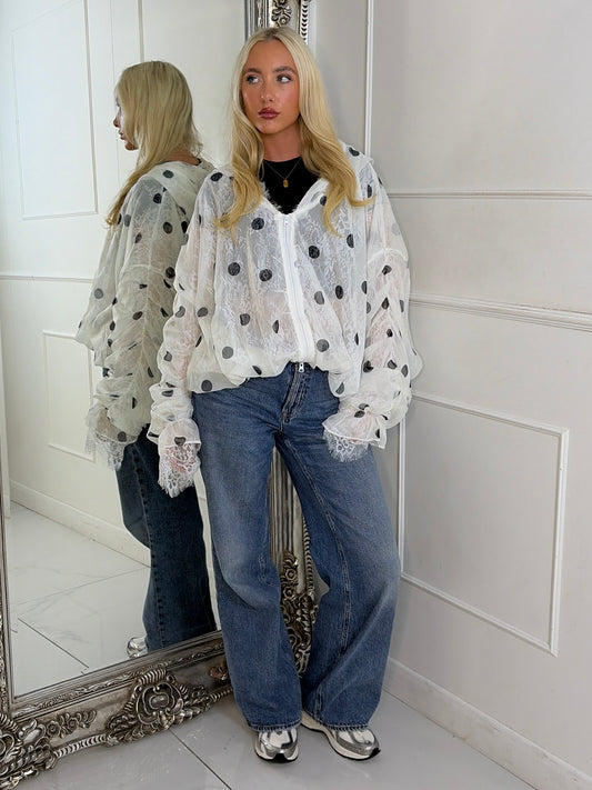 Oversized Ruched Sleeve Mesh Lace Contrast Jacket - White Polka Dot