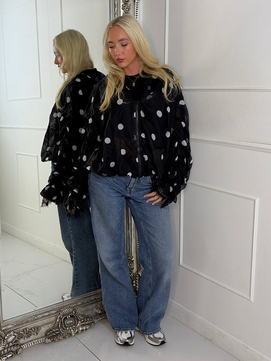 Oversized Ruched Sleeve Mesh Lace Contrast Jacket - Black Polka Dot