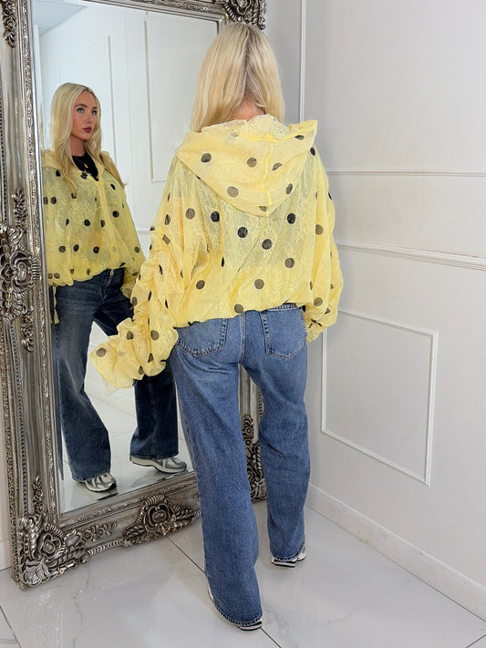 Oversized Ruched Sleeve Mesh Lace Contrast Jacket - Yellow Polka Dot