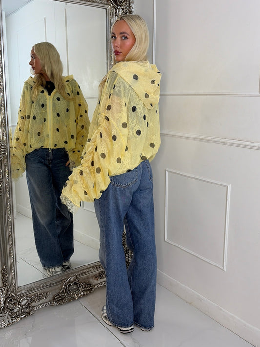 Oversized Ruched Sleeve Mesh Lace Contrast Jacket - Yellow Polka Dot