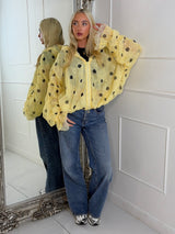 Oversized Ruched Sleeve Mesh Lace Contrast Jacket - Yellow Polka Dot