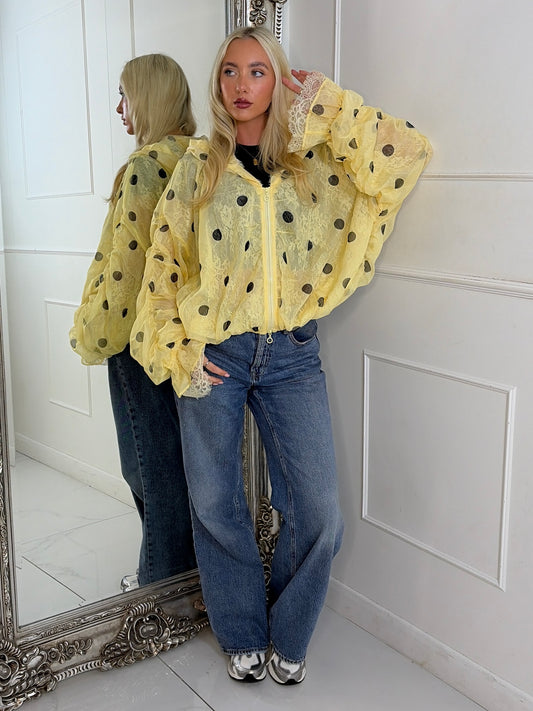 Oversized Ruched Sleeve Mesh Lace Contrast Jacket - Yellow Polka Dot