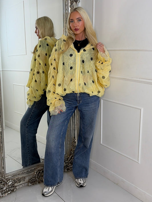 Oversized Ruched Sleeve Mesh Lace Contrast Jacket - Yellow Polka Dot