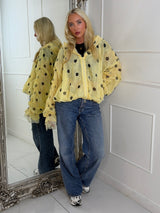 Oversized Ruched Sleeve Mesh Lace Contrast Jacket - Yellow Polka Dot