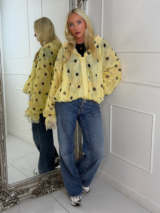 Oversized Ruched Sleeve Mesh Lace Contrast Jacket - Yellow Polka Dot