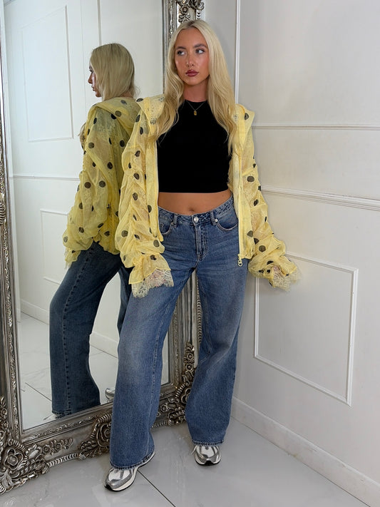 Oversized Ruched Sleeve Mesh Lace Contrast Jacket - Yellow Polka Dot