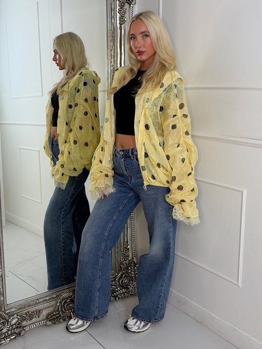 Oversized Ruched Sleeve Mesh Lace Contrast Jacket - Yellow Polka Dot