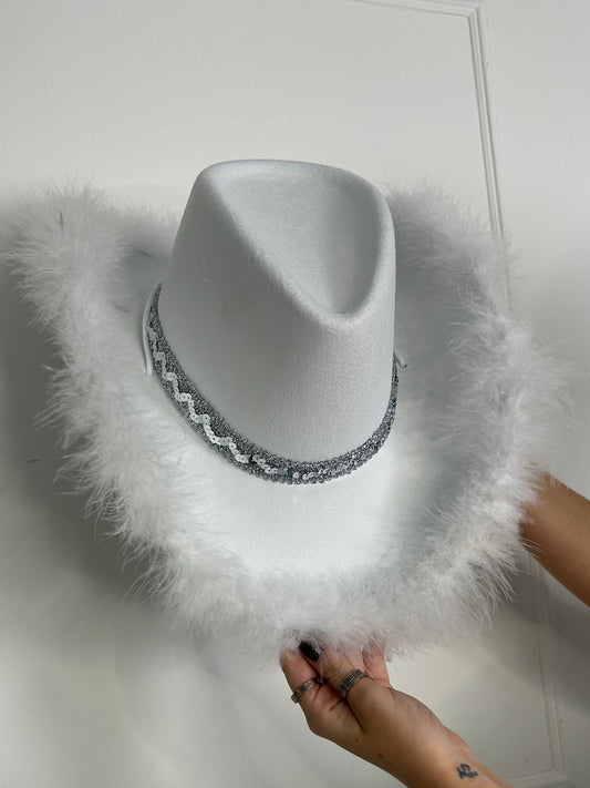 Feather Diamante Cowboy Hat - White