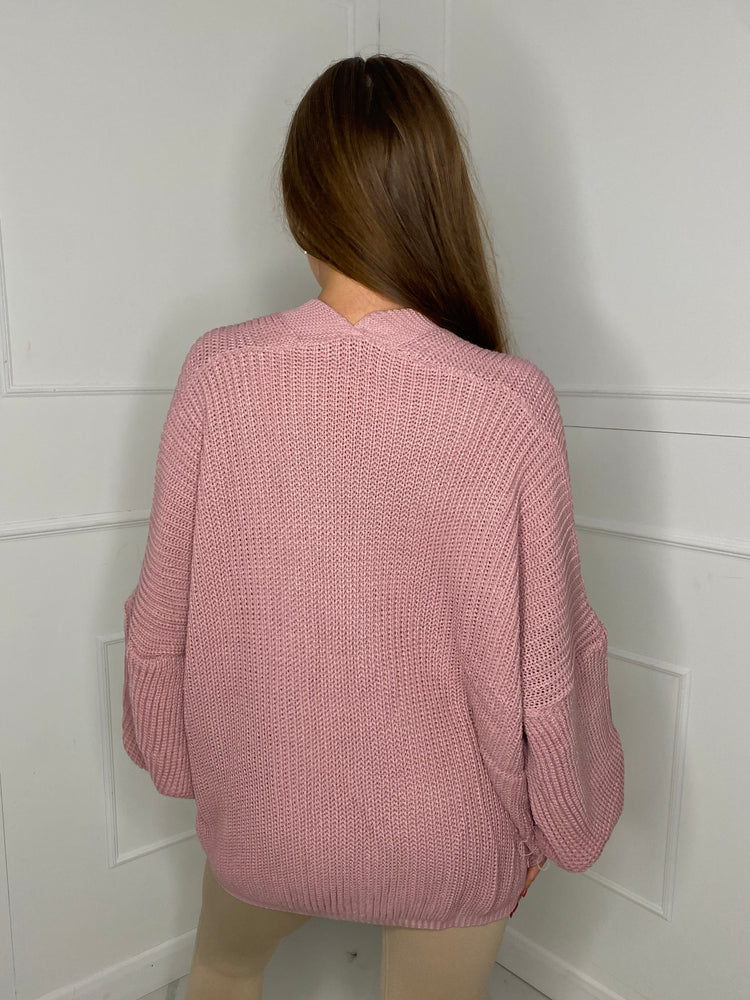 Balloon Sleeve Knitted Cardigan - Baby Pink