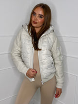 Ribbed Contrast Padded Hooded Jacket - Cream