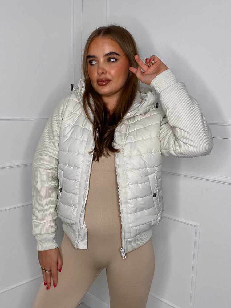 Ribbed Contrast Padded Hooded Jacket - Cream