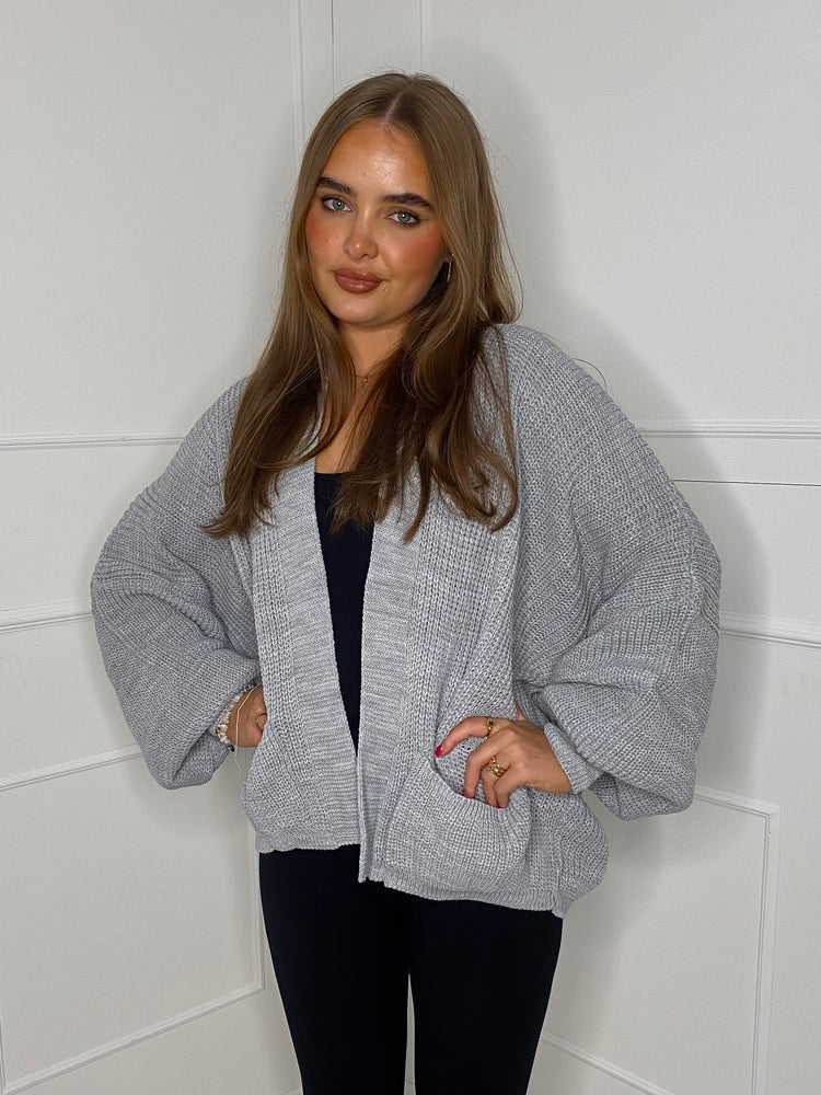 Balloon Sleeve Knitted Cardigan - Light Grey