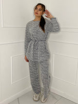 Belted Printed Flared Loungesuit - Grey