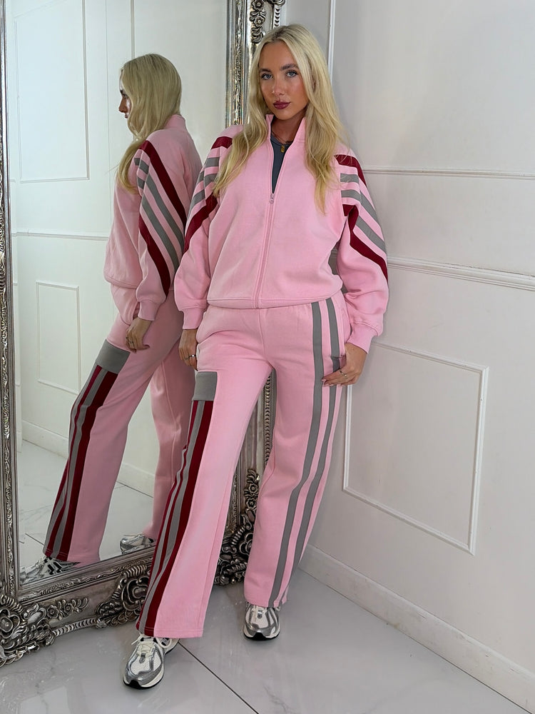 Stripe Block Contrast Detail Zip Up Tracksuit - Pink