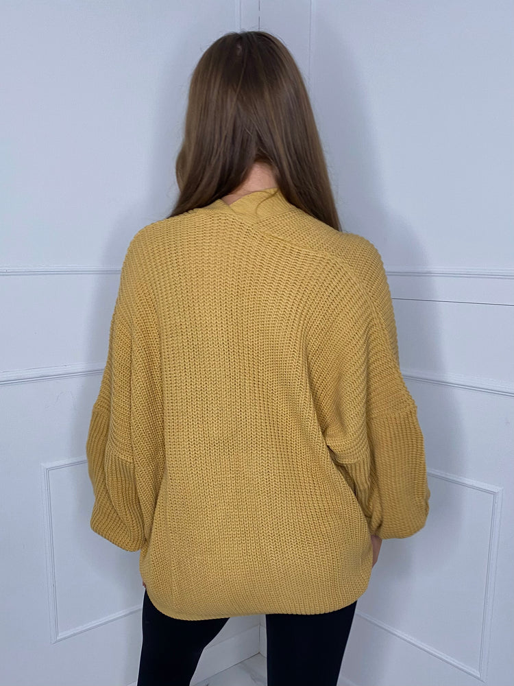 Balloon Sleeve Knitted Cardigan - Mustard