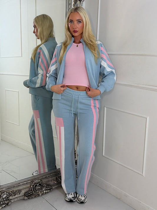 Stripe Block Contrast Detail Zip Up Tracksuit - Baby Blue