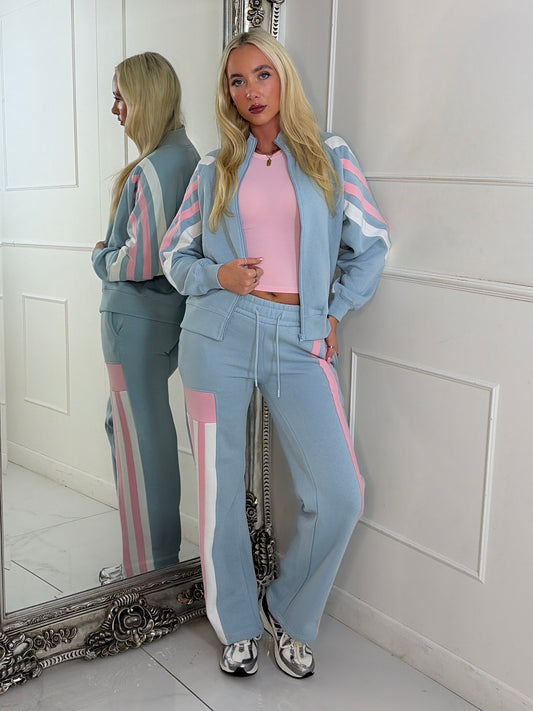 Stripe Block Contrast Detail Zip Up Tracksuit - Baby Blue